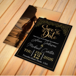 Elegante schwarze Strandhochzeit 'Save the Date' m Einladung
