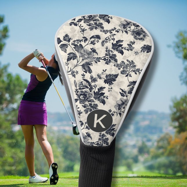 Elegante schwarze Toile-Blumenmuster-Monogramm Golf Headcover (Von Creator hochgeladen)