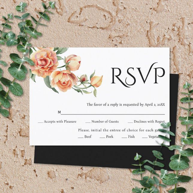 Elegante schwarze Typografie und pfirsichfarbene H RSVP Karte (Von Creator hochgeladen)