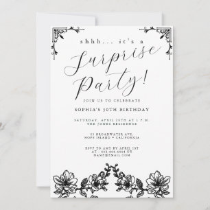 Elegante schwarze Überraschungsparty mit Schrift Einladung
