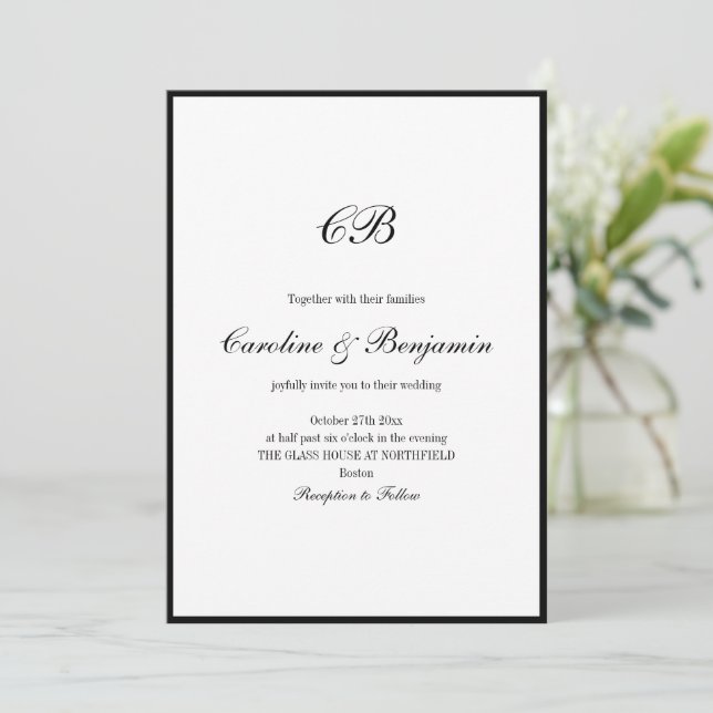 Elegante schwarze Umrandung Weiße Schrift Monogram Einladung (Stehend Vorderseite)