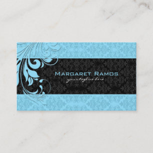 Elegante schwarze und blaue Vintage-Blumendamastmo Visitenkarte
