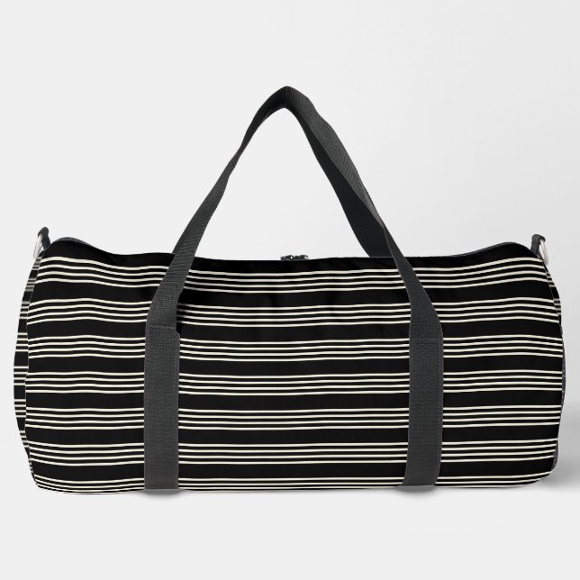 Elegante schwarze und cremefarbene horizontale Str Duffle Bag (Vorderseite)