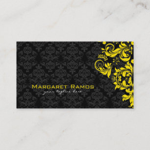 Elegante schwarze und gelbe Vintage-Blumendamastmo Visitenkarte