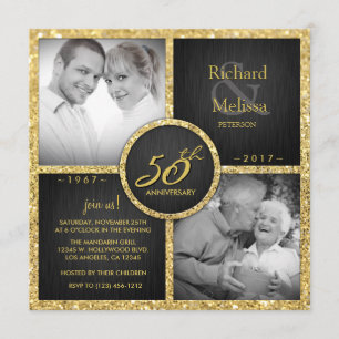 Elegante schwarze und goldene 50. Hochzeitstag-Fei Einladung