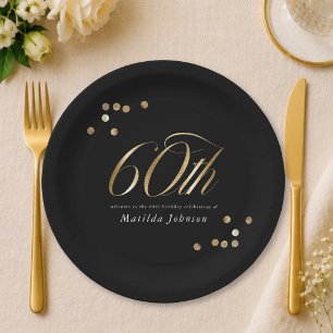 Elegante schwarze und goldene 60. Geburtstagsfeier Pappteller