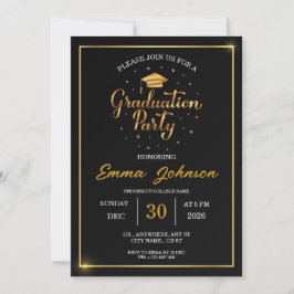 Elegante schwarze und goldene Abschlussfeier-Einla Einladung