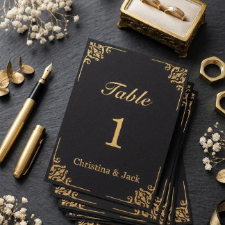 Elegante schwarze und goldene aufwendige Hochzeit Tischnummer