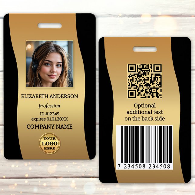 Elegante schwarze und goldene Ausweis Badge mit Fo (Elegant black and gold design employee photo badge with your custom photo and logo)