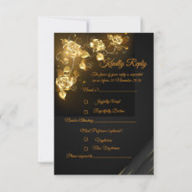Elegante schwarze und goldene Blumen-RSVP-Karte |