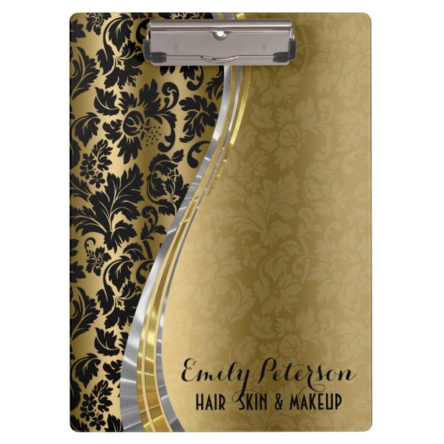 Elegante schwarze und goldene Damasken mit Silbera Klemmbrett (Vorderseite)