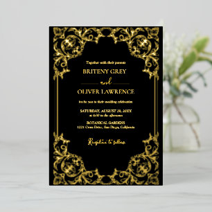 Elegante schwarze und goldene Damast-Hochzeit Folieneinladung