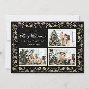Elegante schwarze und goldene Familienfoto-Weihnac Feiertagskarte