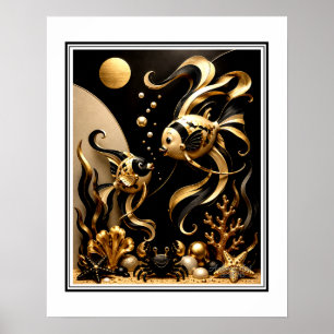 Elegante schwarze und goldene Fantasy-Goldfisch-Oz Poster