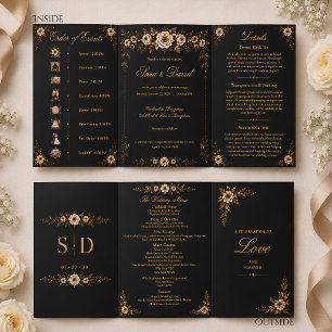 Elegante schwarze und goldene florale Dreifaltigke Dreifach Gefaltete Einladung