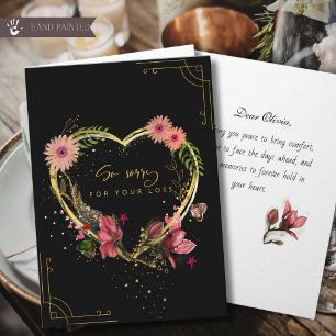 Elegante schwarze und goldene florale Herz-Beileid Feiertagskarte