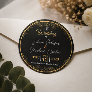 Elegante schwarze und goldene florale Hochzeit Runder Aufkleber