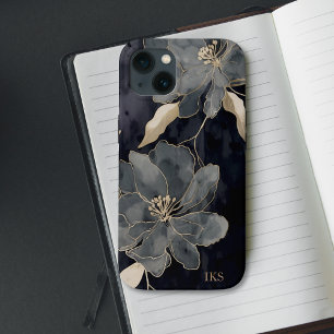 Elegante schwarze und goldene florale Kunstmonogra Case-Mate iPhone Hülle