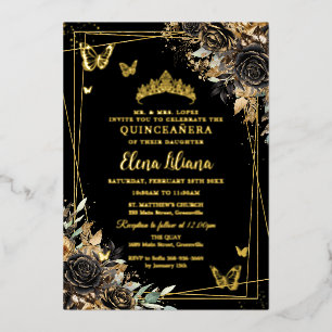 Elegante schwarze und goldene florale Schmetterlin Folieneinladung