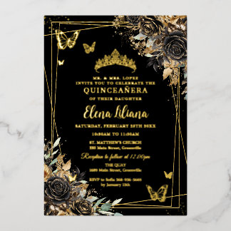 Elegante schwarze und goldene florale Schmetterlin Folieneinladung