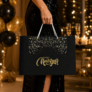 Elegante schwarze und goldene Frohes Neues Jahr Große Geschenktüte