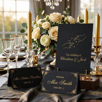Elegante schwarze und goldene gefaltete Hochzeitsp Platzkarte