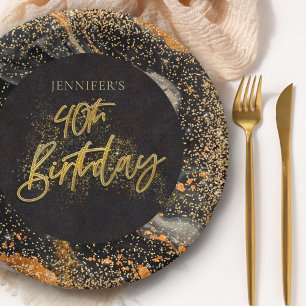 Elegante schwarze und goldene Glitter 40. Geburtst Pappteller