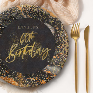 Elegante schwarze und goldene Glitter 60. Geburtst Pappteller