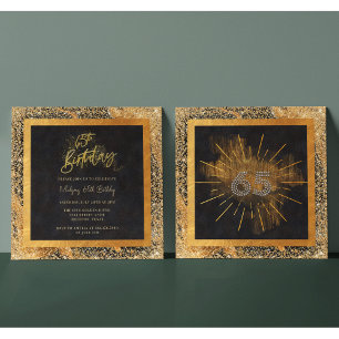 Elegante schwarze und goldene Glitter 65. Geburtst Einladung