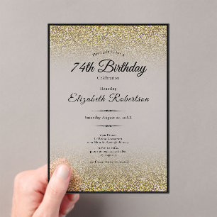 Elegante schwarze und goldene Glitter 74. Geburtst Acryleinladungen