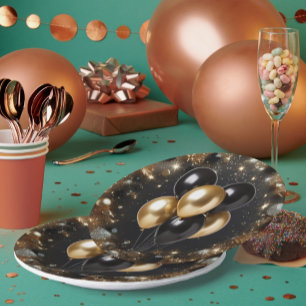 Elegante schwarze und goldene Glitter-Ballon-Gebur Pappteller