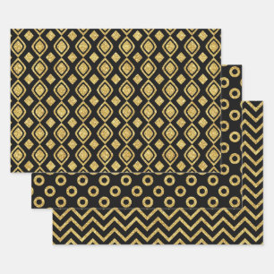 Elegante schwarze und goldene Glittermuster Geschenkpapier Set