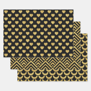 Elegante schwarze und goldene Glittermuster Geschenkpapier Set