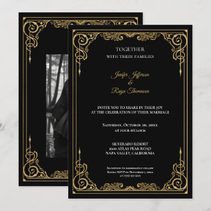 Elegante schwarze und goldene gotische Hochzeitsei Einladung