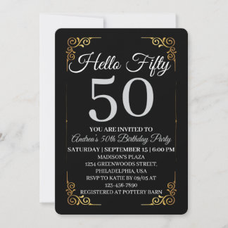 Elegante schwarze und goldene Hallo 50. für Frauen Einladung