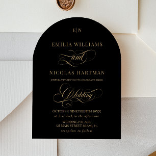 Elegante schwarze und goldene Hochzeit mit Monogra Einladung