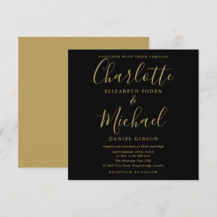 Elegante schwarze und goldene Hochzeit mit Signatu Einladung