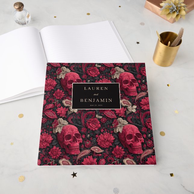 Elegante schwarze und goldene Hochzeitsankündigung Gästebuch (Vorderseite offen)