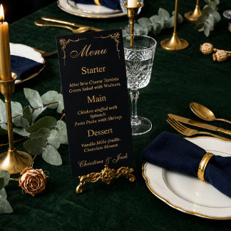 Elegante schwarze und goldene Hochzeitsmenükarte Menükarte