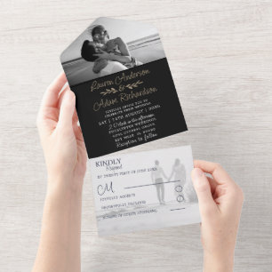Elegante schwarze und goldene Kalligrafie-Foto-Hoc All In One Einladung