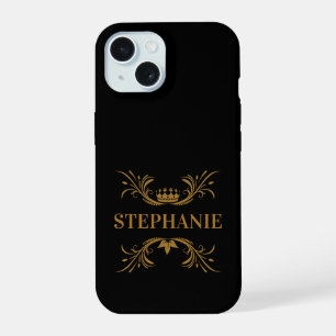 Elegante schwarze und goldene Krone Initialen iPhone 15 Hülle