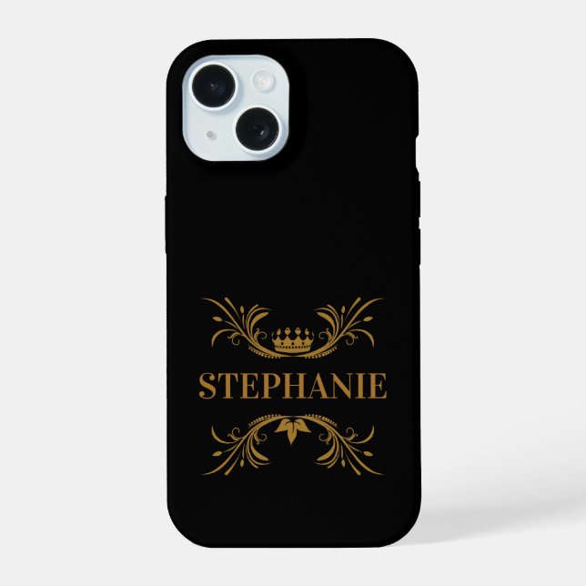 Elegante schwarze und goldene Krone Initialen iPhone 15 Hülle (Rückseite)