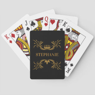 Elegante schwarze und goldene Krone Initialen Spielkarten