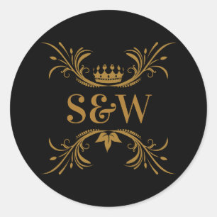 Elegante schwarze und goldene Krone mit Initialen Runder Aufkleber