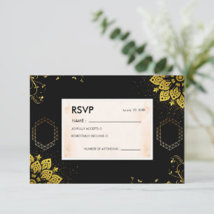 Elegante schwarze und goldene Mandala-Hochzeits-RS RSVP Karte