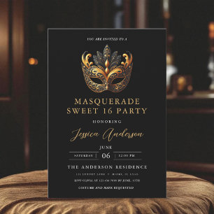 Elegante schwarze und goldene Maskenball-Sweet-Six Einladung