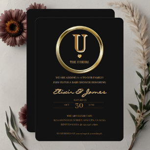 Elegante schwarze und goldene Monogramm-Familien-B Einladung