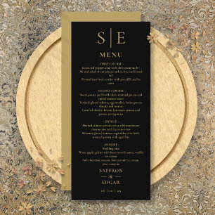 Elegante schwarze und goldene Monogramm-Hochzeitsd Menükarte