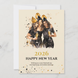 Elegante schwarze und goldene Neujahrs-Grußkarte Feiertagskarte