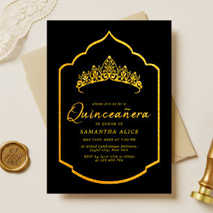 Elegante schwarze und goldene Quinceanera-Krone Einladung